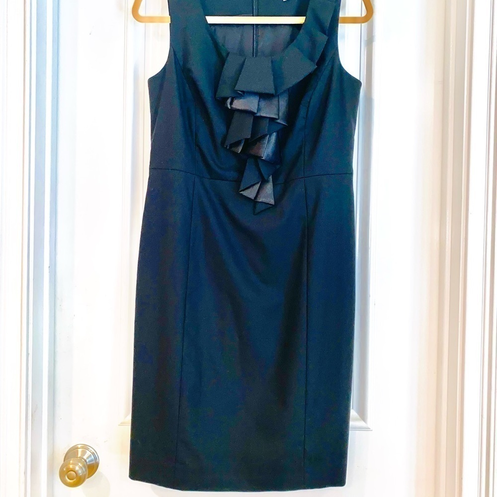 Halogen Black Sheath Dress with front ruffle. Size 8P